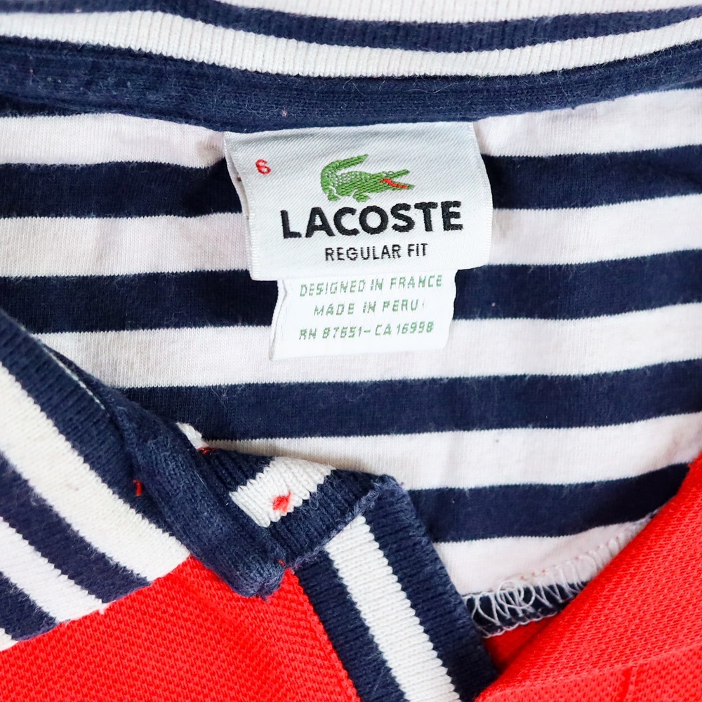 Lacoste Polo Shirt Mens 6 XL Red Regular Fit Nautical Stripe Collar Pique Cotton - Picture 4 of 11
